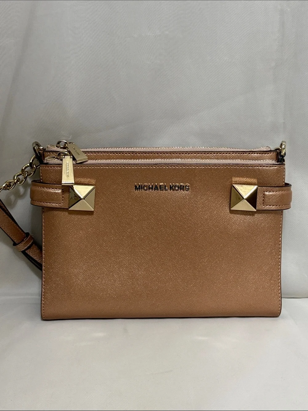 Michael Kors Karla Metallic Leather East West Crossbody In Ballet/Rose Gold